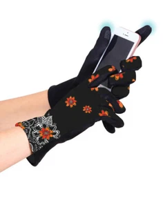 Guantes con pantalla táctil Laurel Burch flor azahar ~ arte adornado ~ gamuza sintética suave ~ - Imagen 1 de 2