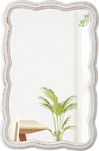Scalloped Rectangle Wall Mirror 16 X 24 Inch, Hanging Distressed Wooden Rustic B - Picture 1 of 9