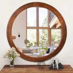 round Mirrors 30 Inch,Wood Vanity Wall Rustic Mirror with Walnut Frame, Wooden M - Picture 1 of 12