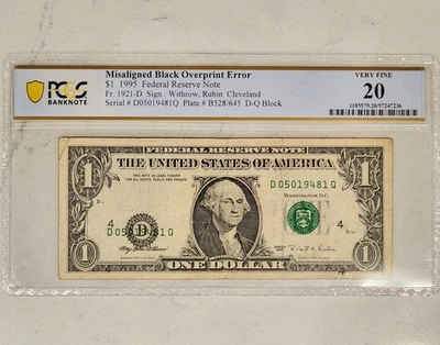 1995 $1 Federal Reserve Note ~ Misaligned Black Overprint Mint Error ~ PCGS VF20 - Image 1 of 2