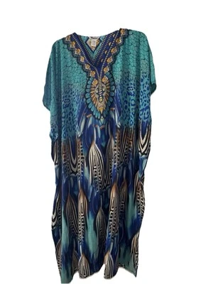 Vtg 90s Flowy Vacation Kaftan Day Dress Mob Wife Teal gold leopard One Sz Tribal - Image 1 of 4