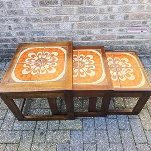 Danish Nest Of Tables Tiled Top Starburst Vintage Design 22” 20” 18” - Picture 1 of 14