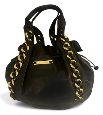 BOLSO DE MANO GRANDE DE CUERO NEGRO EDICIÓN LIMITADA ORO 24K CADENA ID MICHAEL KORS Foto 1 de 4