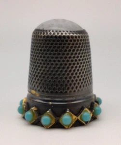 Vintage Sterling Silver  Turquoise Thimble Size 10 Milk Glass Tip Vermeil 925 - Picture 1 of 6