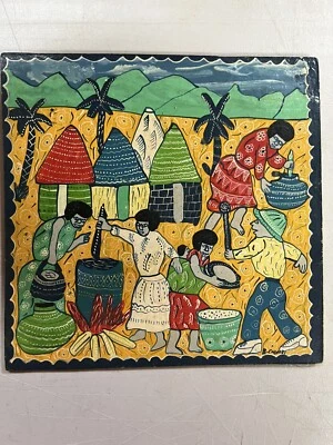 Brighton Chonzi Africa Cameroon Colorful Folk Art Painting Brewing Beer 8x8” - Image 1 of 4