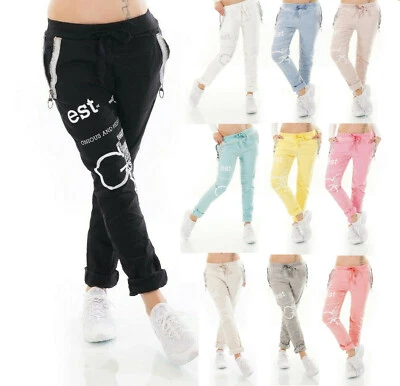 MODA ITALIA Damen Hose Boyfriend Freizeit Hose Schriftzug Print Zip Milax-Fashion