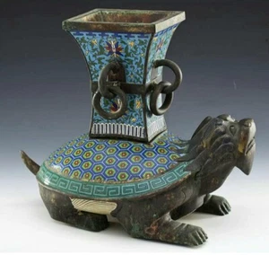 Chinese Antique Original Gilt Bronze Cloisonné Dragon Turtle Statue *VERY RARE!* - Picture 1 of 10