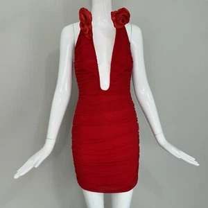 NWT Rania Rose Party Mini Dress 3d Flower Deep V-Neck Sleeveless Backless Ruched - Picture 1 of 14