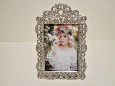 Silver Vintage Antique Style Jeweled 2.5" x 3.5" Metal Picture Photo Frame - Image 1 of 3