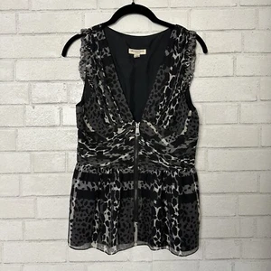 BURBERRY Silk Top Sleeveless Ruched Women Size 6 Black Leopard  Ruffles Fitted - Picture 1 of 9