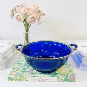 Vtg Cobalt Blue Glass Bowl Double Handled Gold Overlay Victorian Gilt - Picture 1 of 8