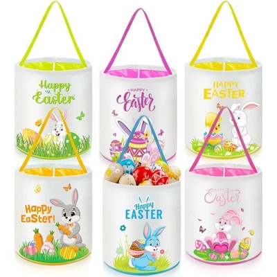 6件装复活节兔子篮子袋帆布兔子复活节桶蛋狩猎糖果G... — 第 1/4 张图片