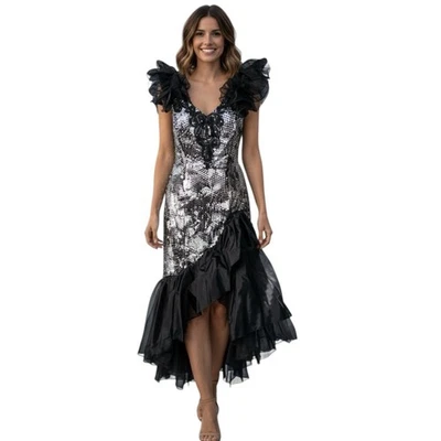 Vintage ‘91 Loralie Original Black Silver Sequin Bead Lace Gown Women’s 14 - Image 1 of 4