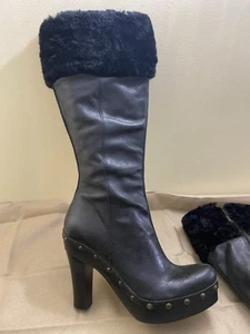 Kenneth Cole Shearling Tall Studded Black Leather Riding  Boots Heels Brazil 9 - Picture 1 of 15