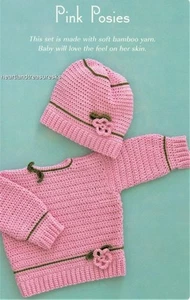Pink Posies  Baby Girl Pullover Sweater ~ Hat  Crochet Pattern   6~12~18 Months - Picture 1 of 1