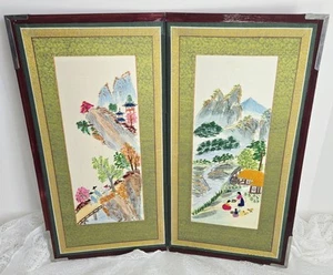 Vintage Chinese Silk Embroidery Folding Tabletop Screen-Mountain Village Scenes - Picture 1 of 14