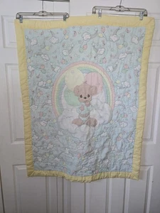 Vintage Precious Moments Blanket Quilt Teddy Bear Balloons Rainbow Sky Yellow - Picture 1 of 4