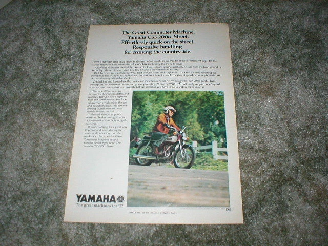 1972 YAMAHA CS5 200 Motorcycle STREET BIKE ORIGINAL 1 pg  Cycle Ad CS-5 - Image 1 of 1