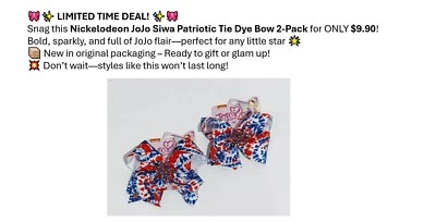 Nickelodeon JoJo Siwa Patriotic Tie Dye Bow with a Shiny Star Accent (2 pk) NEW - Image 1 of 4