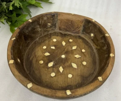 Antique Wooden Round Parat Dough Kneading Bowl Original Old Hand Carved Blue - Image 1 of 4