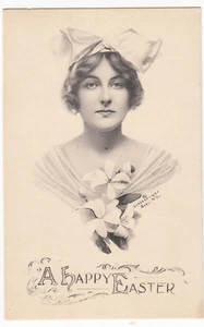 VTG Happy Easter Postcard ~ Pretty Lady with Flowers ~Schlesinger Bros NY - Picture 1 of 2