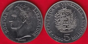 Venezuela 5 bolivares 1990 y#53a UNC - Picture 1 of 1