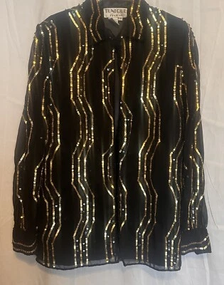 Blazer Chaqueta Formal Vintage Túnica Noche S Negro Dorado Lentejuelas Pesadas Disco Foto 1 de 4