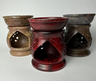 Set of 3 Hand Carved Soapstone Oil Diffuser Wax Warmer Tealight Candle Holders - Image 1 of 4