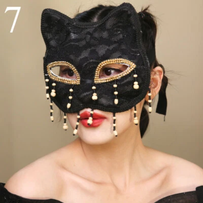Women Halloween Party Face Mask Lace Sequins Face Mask Masked Dancer Stage Mask - Image 1 of 4
