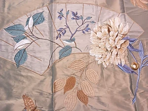 GP&J Baker Silk Rayon Fabric Sample Fenton Old Gold & Blue Embroidered w Hole 25 - Picture 1 of 12