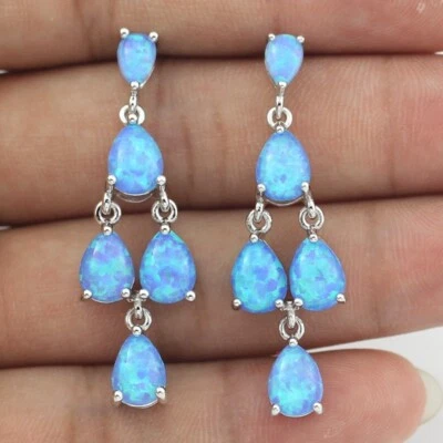 Aretes Vikoly Gota de Agua Azul Ópalo de Fuego Rellenos de Plata para Mujeres Niñas Foto 1 de 3