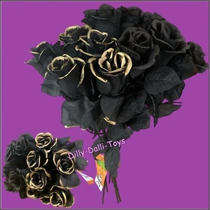 Faux Black & Gold Roses Gothic 12 Rose Set Dozen Halloween Artificial Flower NEW - Picture 1 of 23