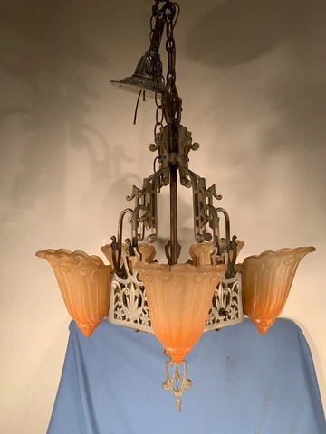 Art Deco Umber to Frosted Slip Shades 5 Light Fixture Theatre 5 Shades Cover