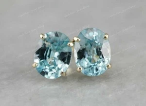 14K Yellow Gold Finish 3Ct Oval Cut Aquamarine Push Back Solitaire Stud Earrings - Picture 1 of 7