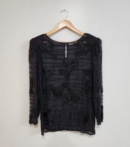 Vintage 100% Seide, Hand Perlen Schleifen schwarze Bluse, Größe S - Bild 1 von 5