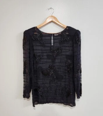 Винтажный 100% шелк, вручную бисером банты черный блузка, размер маленький - Изображение 1 из 4