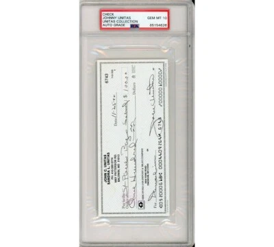 Johnny Unitas Signed Mint 10 Graded Encapsulated Check - #6743 - Image 1 of 3
