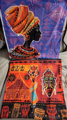 SET of 2 Throw Pillow Covers Native African Women, 17x17 Square  Orange Black - Image 1 of 4