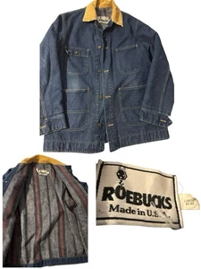 Vintage Roebucks Jacke Large Blau Denim Chore Barn Blanket Gefüttert Made USA - Bild 1 von 10