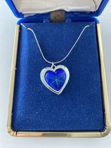 Vintage Blue Heart Pendant Necklace Silver Tone Costume Jewelry 17” With box - Picture 1 of 4