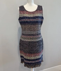 St. John Wool Blend Tweed Dress Women’s 10 Blue Multi Shimmer Fringe Knee Length - Picture 1 of 13