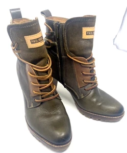 PIKOLINOS Connelly Lug Sole Block Heel Ankle Bootie Army Green Leather 7.5 EU 38 - Picture 1 of 12