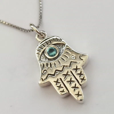 Silver Hamsa Necklace Blue Hand of Fatima Evil Eye Shield Artistic Modernist 925 - Image 1 of 4