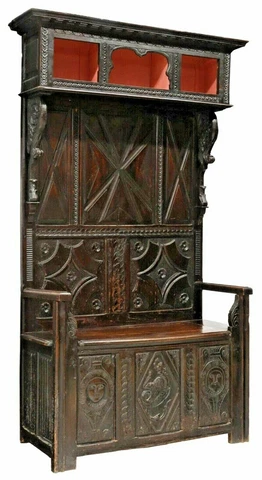 Antique Hall Tree / Bench, French Carved Wood Walnut, w/  Storage, 1800's!! Cover