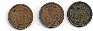 Lot of 3 Two Cent Pieces : 1866 1867 1868 - Picture 1 of 2