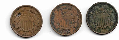 Lot of 3 Two Cent Pieces : 1866 1867 1868 - Image 1 of 2