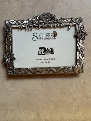 Marco de fotos feliz aniversario peltre 4x6 caballete soporte vintage ornamentado usado en excelente estado Foto 1 de 4