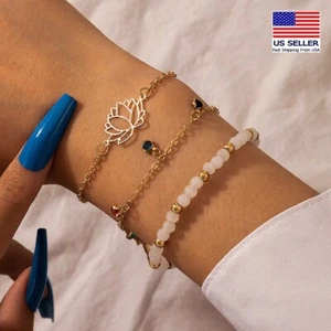 Fashion Women Jewelry Retro Bracelet Crystal Beads Hollow Lotus Wrist Charm 1770 - Picture 1 of 3
