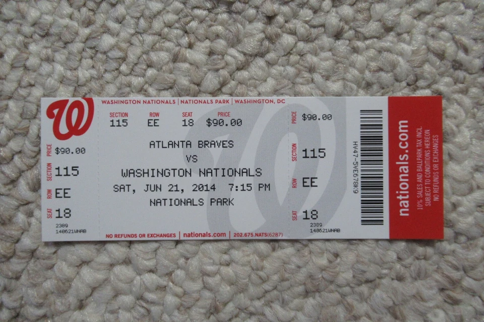 Boleto completo de los Nacionales de Washington vs los Bravos 21/06/2014 ~ Julio Teherán 10K Foto 1 de 1