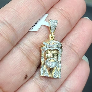 10K Yellow Gold Genuine Natural 0.40ctw Diamonds, Jesus face Pendant Charm 25mm - Picture 1 of 10